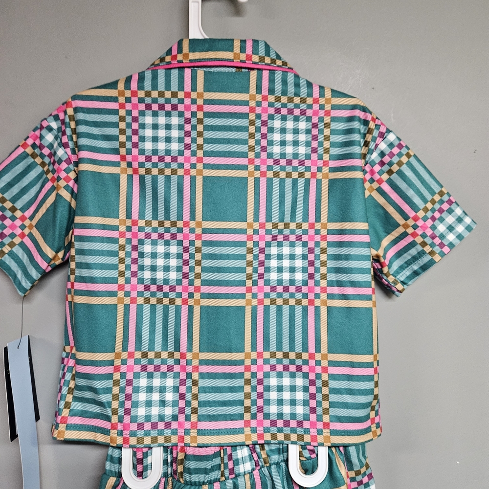 Kids Girls Xs 4/5 Fleece Pajama Set Checkered- Green & Pink Short Sleeve Shorts - Picture 6 of 7